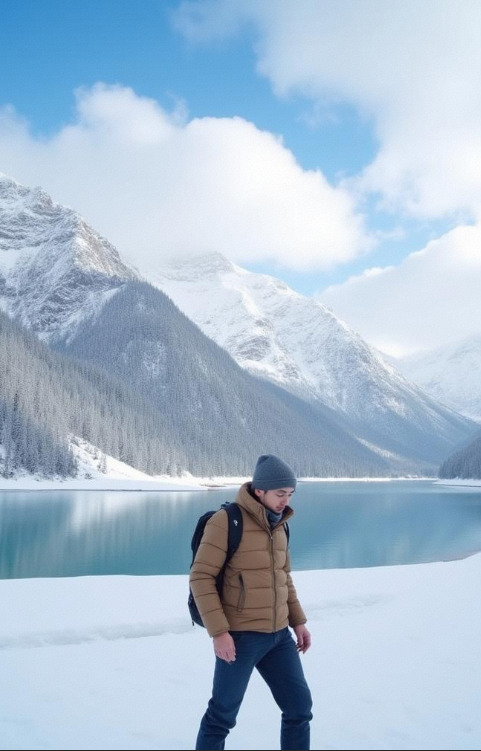 An American is exploring Jiuzhaigou, the snowy landscape around him reflects his figure, he is wearing a thick down jacket, feeling the cold of Jiuzhaigou's winter.