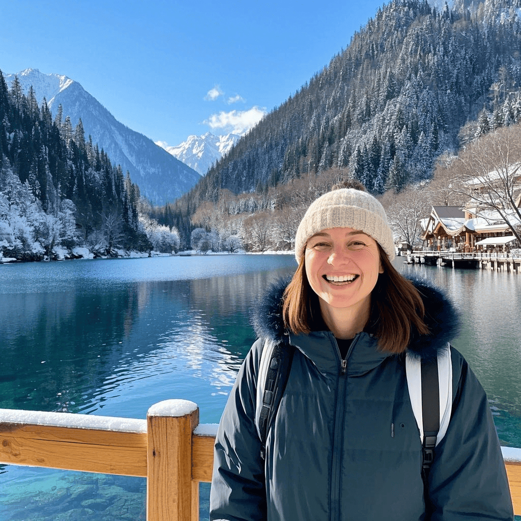 Americans are happy to take photos in Jiuzhaigou in winter.