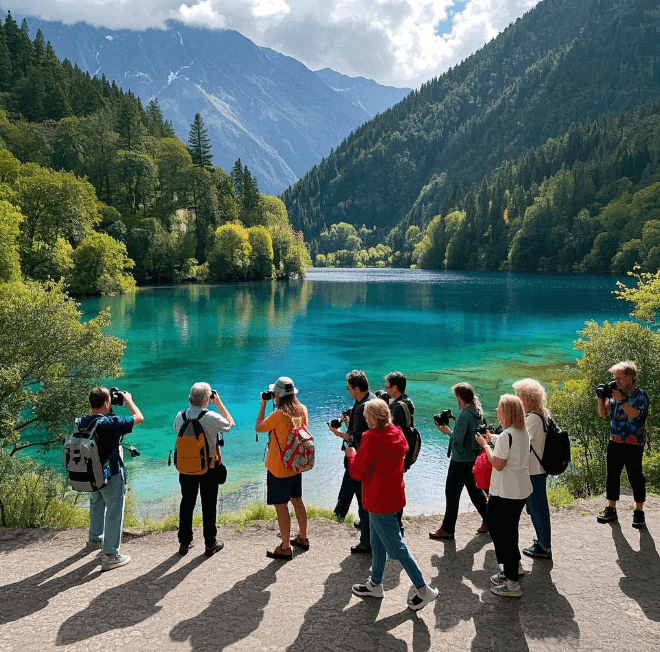 Foreign tour groups in Jiuzhaigou